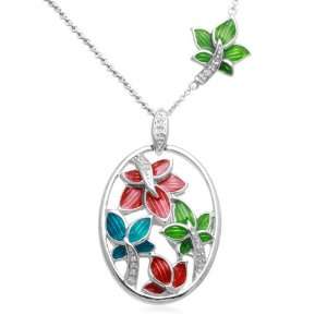  Multi Colored Enamel on Flower and Leaves Diamond Pendant Necklace 