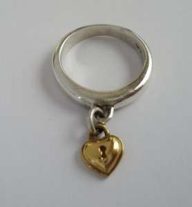 TIFFANY & CO. Sterling Silver & 18K Gold Heart Locket Dangle Ring 