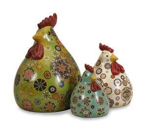   COUNTRY S/3 Rooster/Hen Chicken Set Porcelain FIGURINE Floral Folk Art
