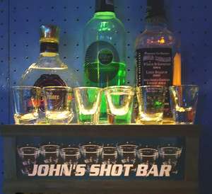 SHOT GLASS / BOTTLE DISPLAY W/LIGHTED, PERSONALIZED BAR SIGN BUILT IN 