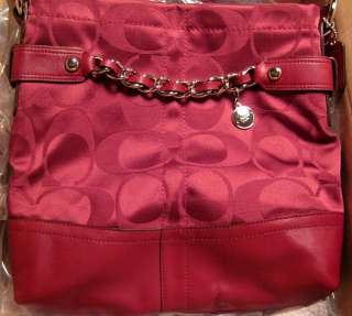   Signature Sateen Chain Duffle Handbag Purse $278 NWT Cranberry/Silver