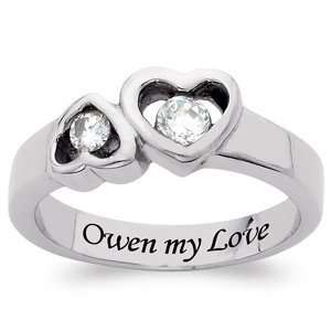   Steel Cubic Zirconia CZ Two Hearts Engraved Promise Ring Jewelry