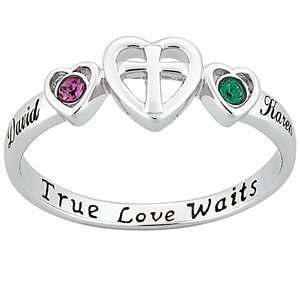    Sterling Silver Birthstone & Name Cross Heart Purity Ring Jewelry