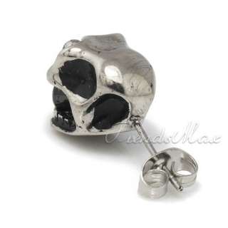   Skull Silver Black CZ 316L Stainless Steel MENS Stud Earring  