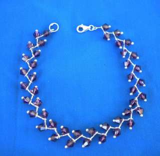 Sterling Silver Bracelet with Purple Crystal Beads .925  