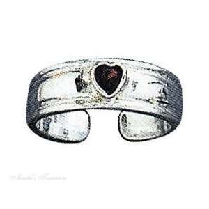   Silver Adjustable Plain Band With Red Garnet Gemstone Heart Toe Ring