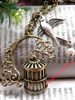 retro copper birdcage silver swallow bird bead necklace  