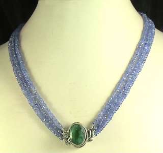   NATURAL TANZANITE NECKLACE 3 STRAND   EMERALD CLASP FREE EARRINGS