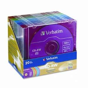   CD RW Discs, 700MB/80min, 4x, Slim Jewel Cases, Assorted Colors, 20/pk