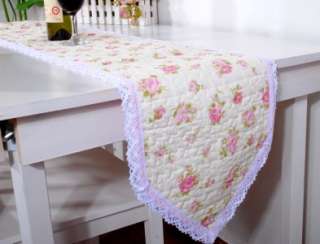 Country Pink Rose Crochet Lace Cotton Quilted Table Runner 178CM 