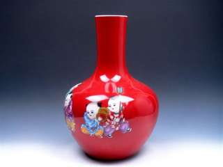 FenCai Red Glazed Kids Playing Painted Large Vase 12 H  