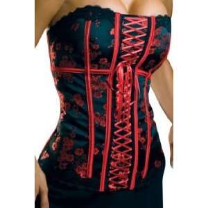 Strapless Black and rep strips Burlesque corset in red small flowers 