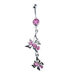  Dangling Pink CZ Crystal Butterfly Drop Navel Ring 